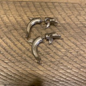 Silver dolphin Earrings-dolphin head front of earlobe,dolphin tale back earlobe